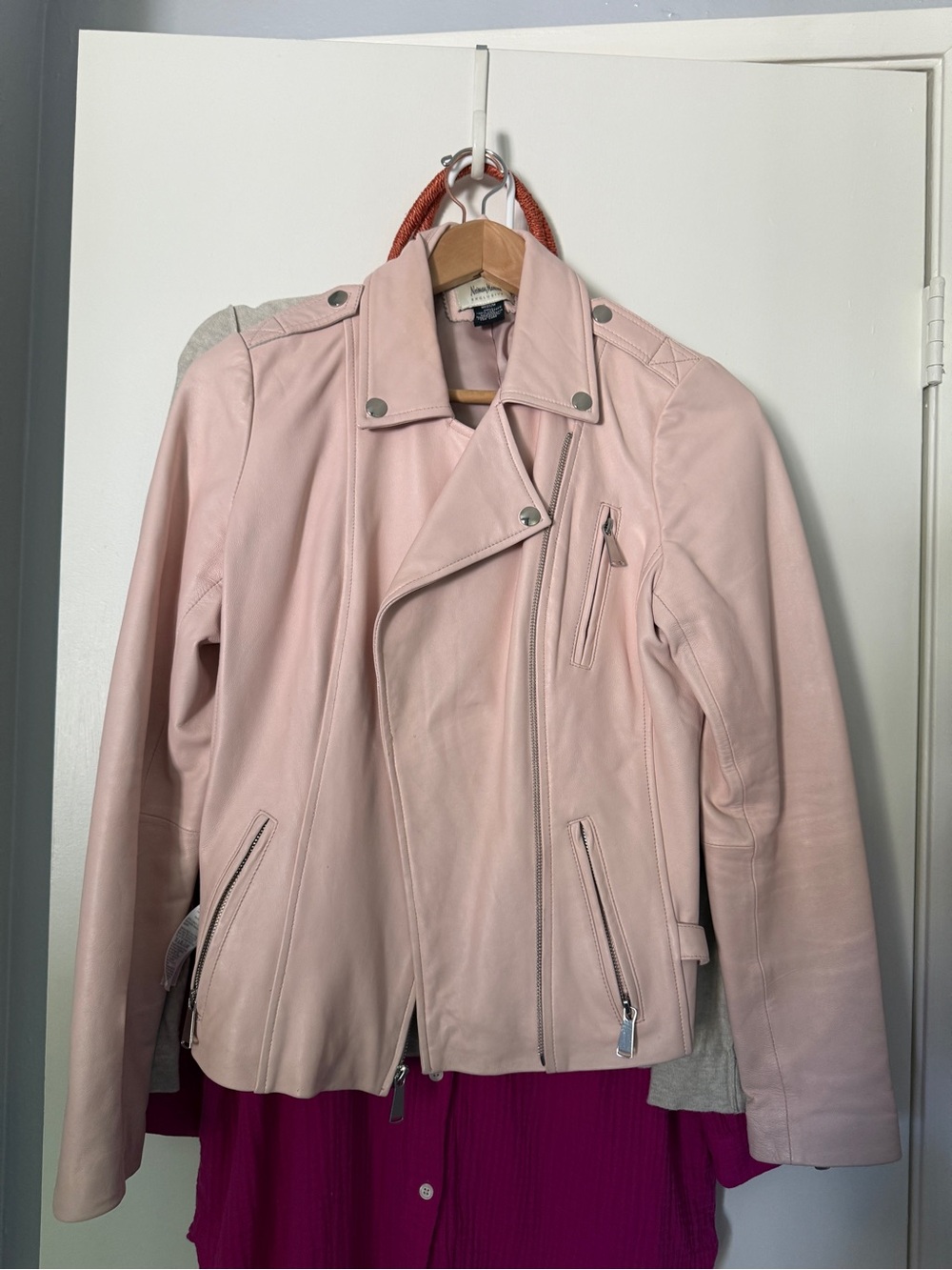 Neiman Marcus Blush Pink Leather Moto Jacket